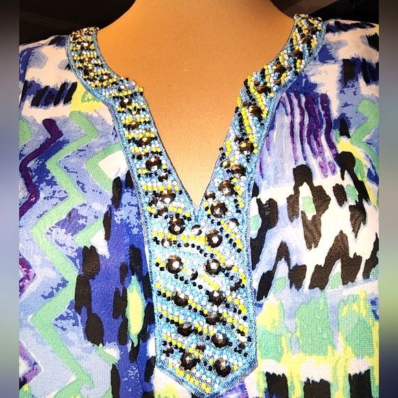 Valerie Stevens Sheer Blue & Green Beaded V-Neck Long Sleeve Tunic Size L - Picture 4 of 7